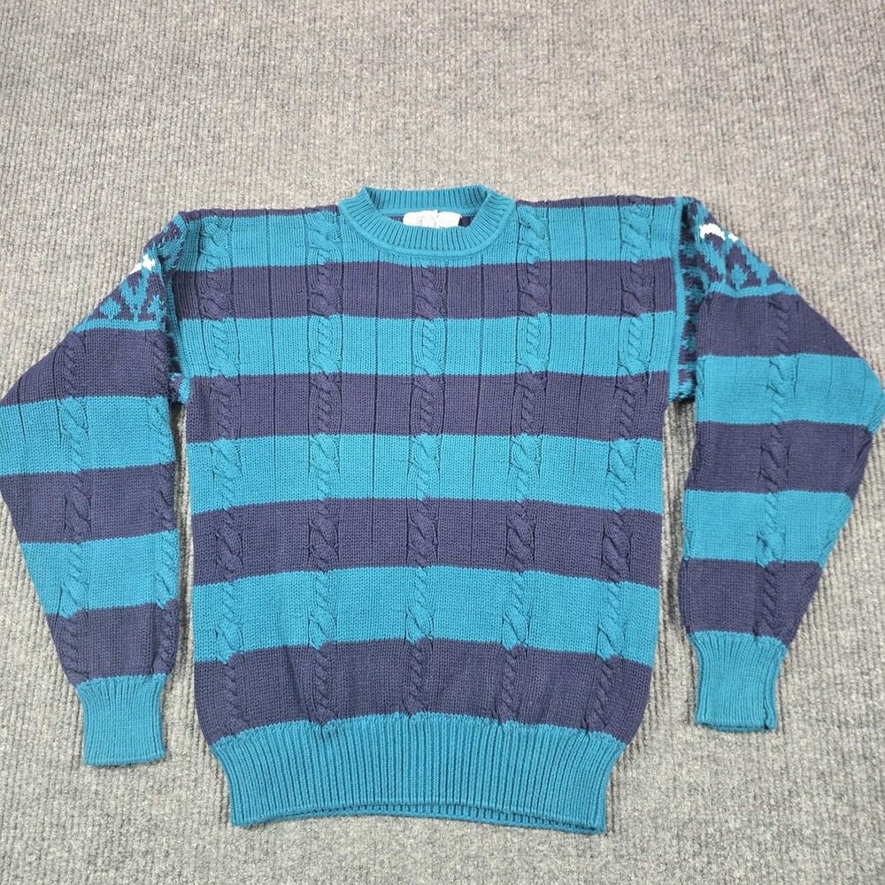 Cape Isle Knitters Sweater Mens Large Blue‎ Cable Knit Stripe Cotton Pullover